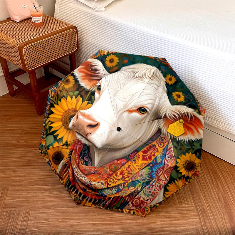 1 PC Automatic Folding Umbrella - Cow with Sunflowers Pattern, Portable & Foldable Design with 8 Ribs, Christmas Birthday Gifts
