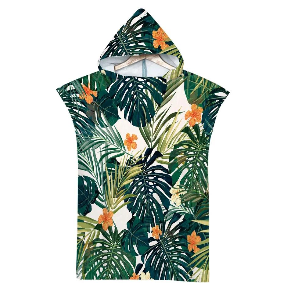 Leaf Pattern Microfiber Beach Towel Quick Dry Hooded Cloak Wetsuit Towels Adult Kids Parent-Child Poncho Bathrobe For Swim Surf