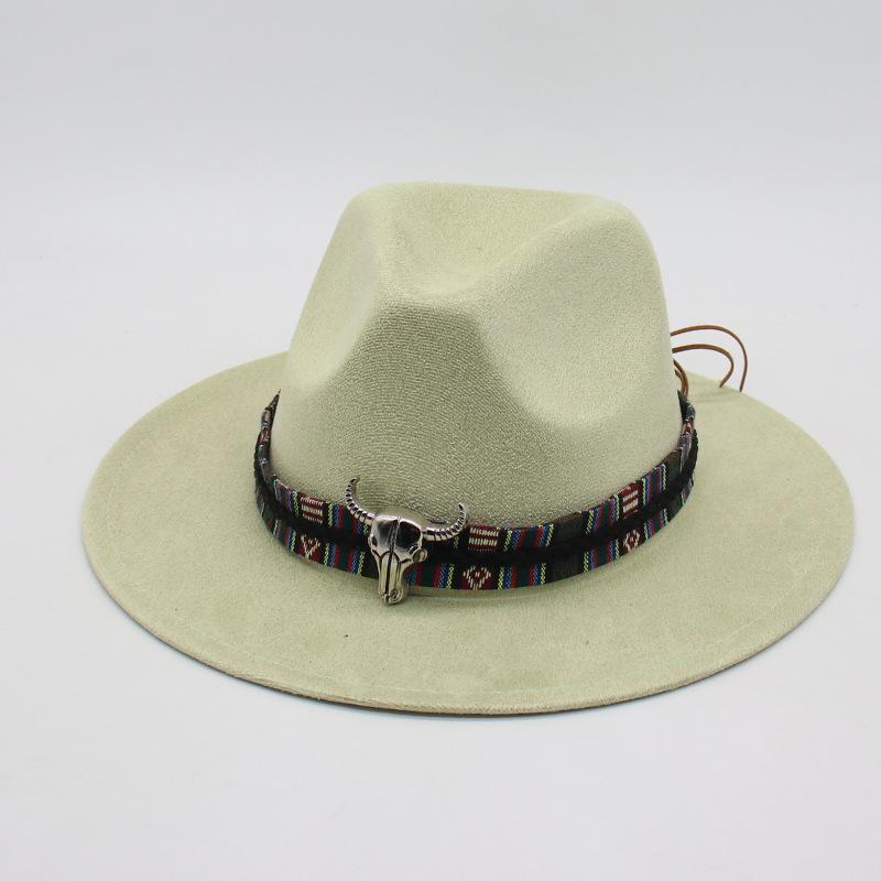 Wind Western Cowboy Hat Horn Woolen Jazz Top Hat Men And Women'S Ethnic Style Felt Hat Big Eaves Hat