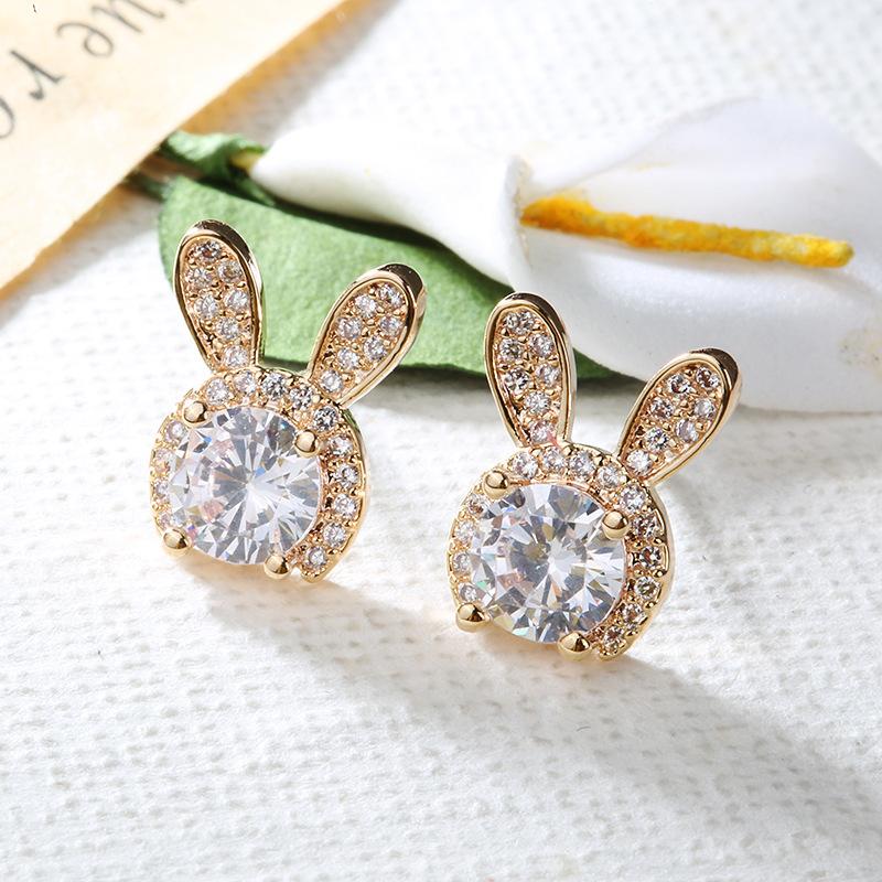 Luxury Korean fashion ear jewelry, cute kawaii rabbit stud earrings for women, sweet and small zircon animal earrings