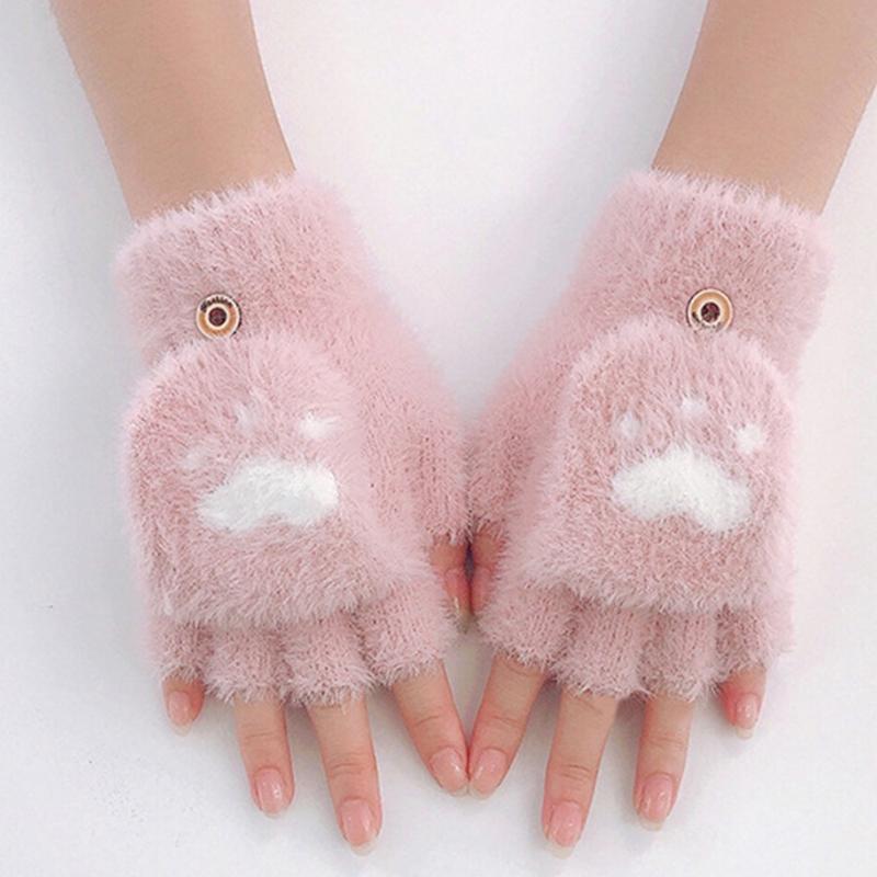 Cartoon Plush Cats Paw Fingerless Mittens with Flip Top Winter Knitted Gloves Stretchy Soft Mitten Elastic Warm Mitte