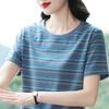 Women Multicolor Stripe Crew Neck Short Sleeve Cotton Blend T Shirt