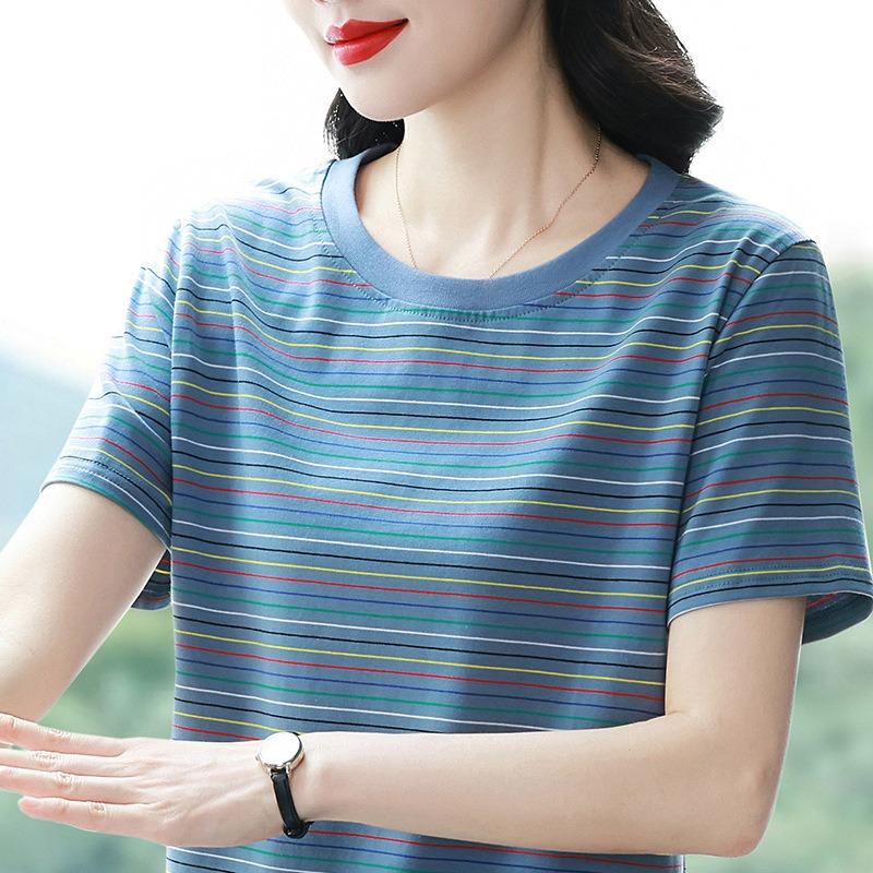 Women Multicolor Stripe Crew Neck Short Sleeve Cotton Blend T Shirt
