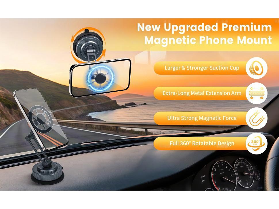 Magnetic Car Phone Holder with Strong Suction and 360° Adjustable Arm for Dashboard & Windshield