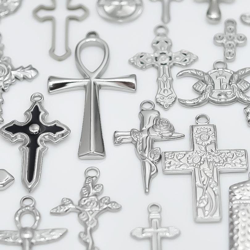 Never Fade Silver Color Stainless Steel Jesus Flower Cross Pendants For Jewelry Making Earring Bracelet Religious Handmade Charm