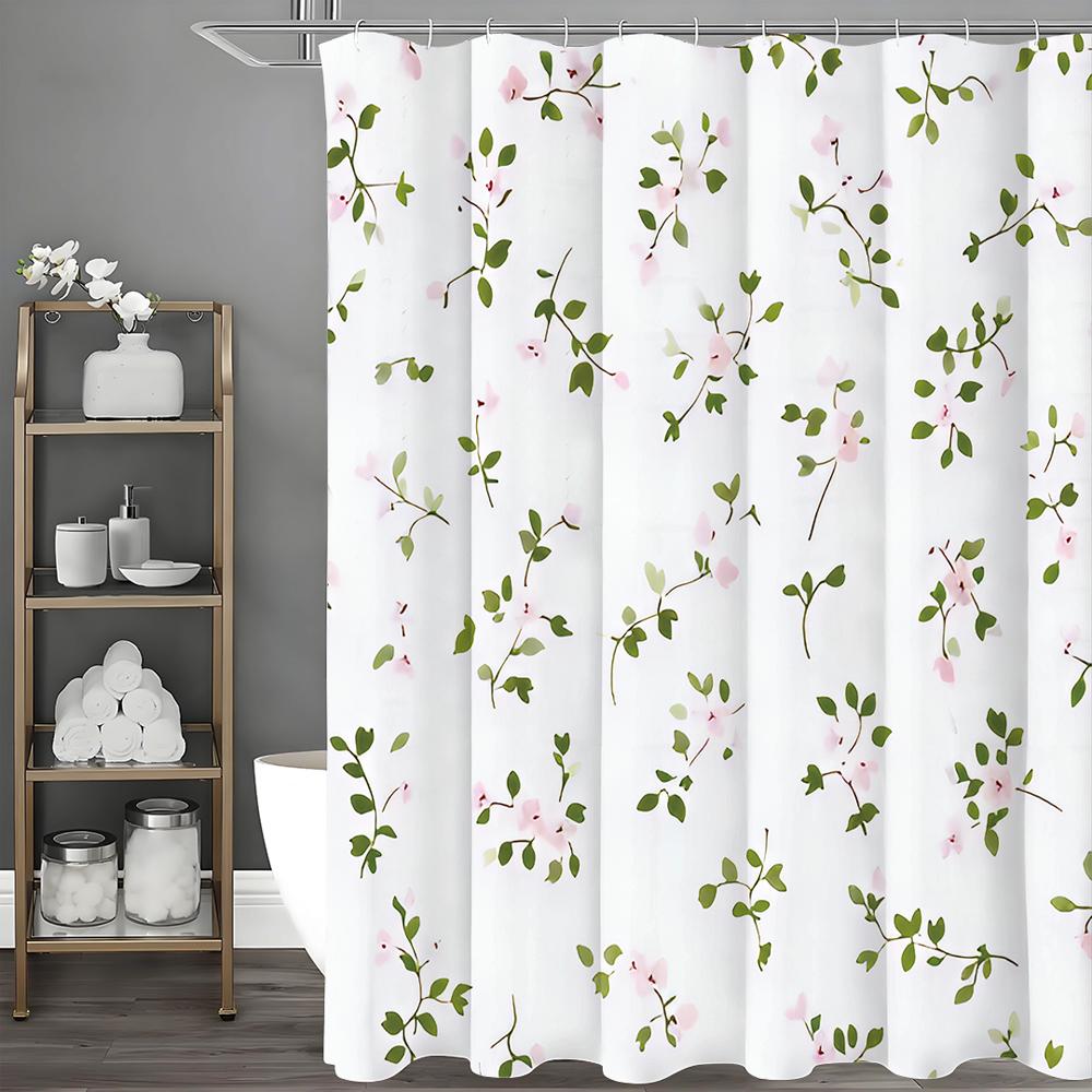 Pink Flower Shower Curtain, Floral Plants, White Background, Spring Bathroom Decorative Shower Curtain, Waterproof Shower Curtai