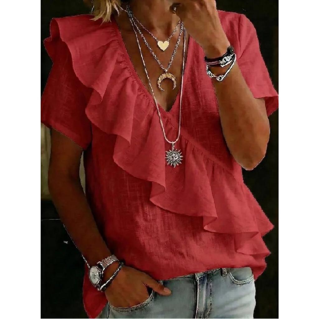 Damen Mode Kurzarm Top Einfarbige V-Ausschnitt Rüschen Europäischer Amerikanischer Stil Strandurlaub Bluse