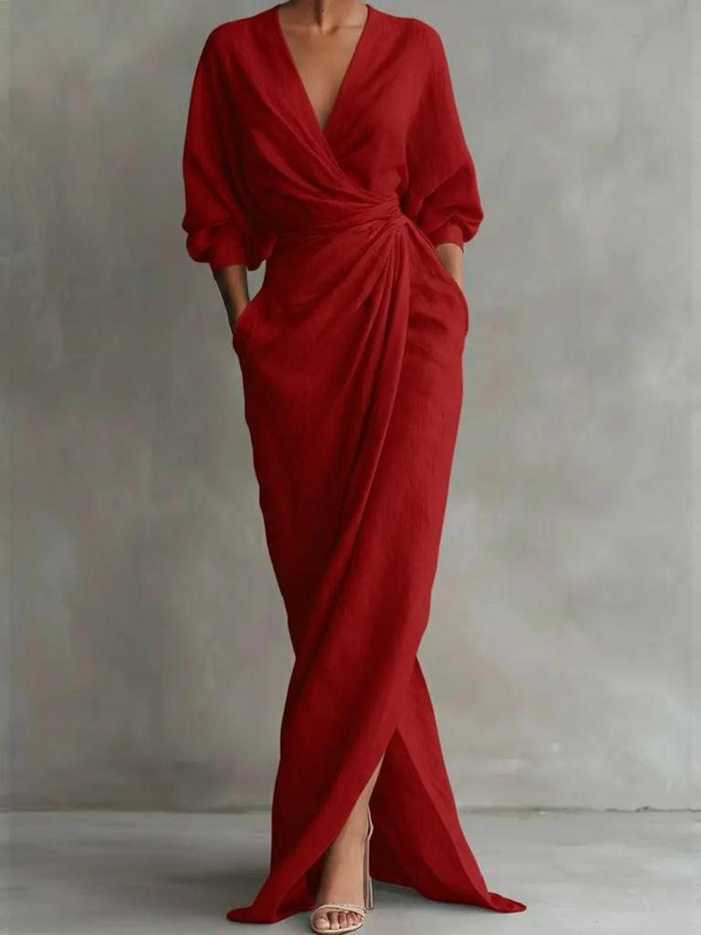 New Elegant Solid Color V-Neck Long Sleeve Ruched Waist Pocket Dress