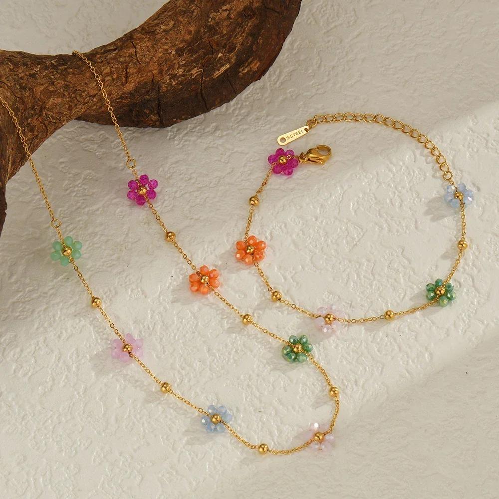 Gold Plated Stainless Steel Waterproof Necklace Bracelet Set Colorful Artificial Crystal Flower Chain Jewelry Set for Women Gift
