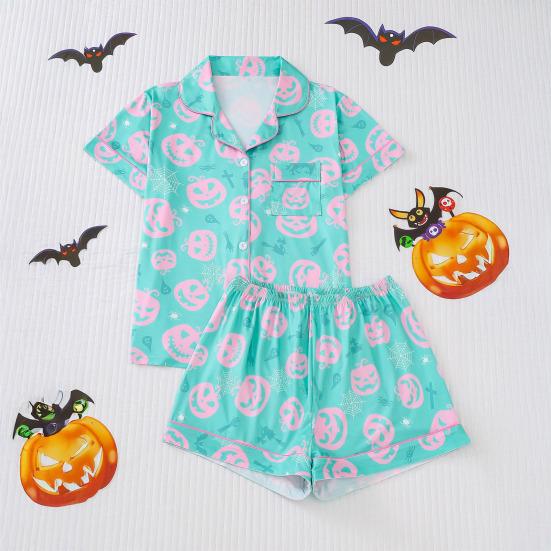 Halloween Women Pajamas Set Ghost Pumpkin Print Short Sleeve Button Down Shirts And Shorts Sleepwear Set 2 Piece Loungewear Pjs Short Set
