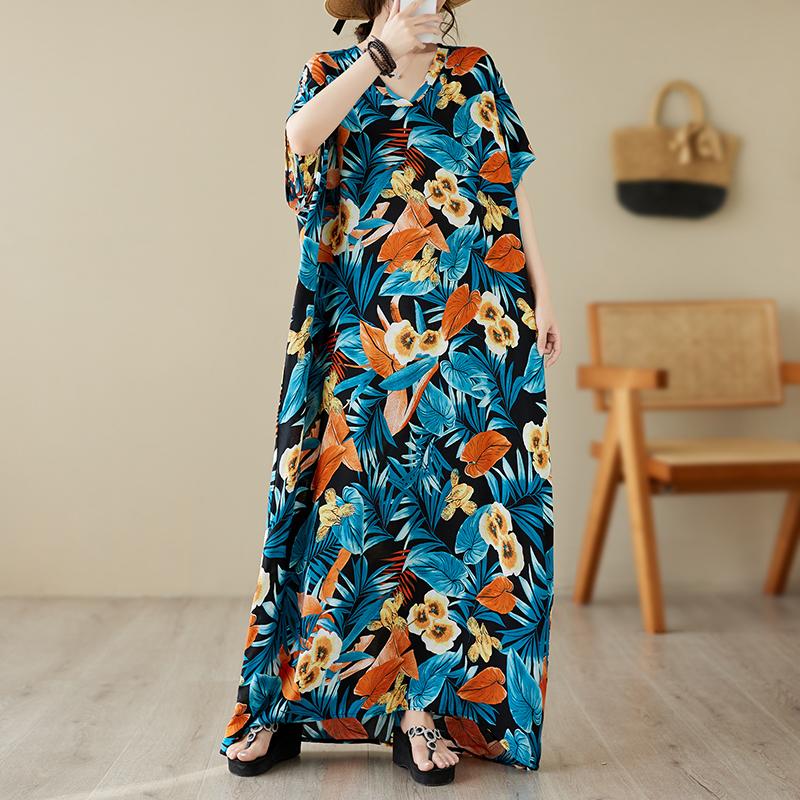 

DIMANAF 2024, новое летнее длинное платье больших размеров, пляжное женское свободное платье с цветочным принтом, праздничное винтажное элегантное платье с v-образным вырезом One Size синий