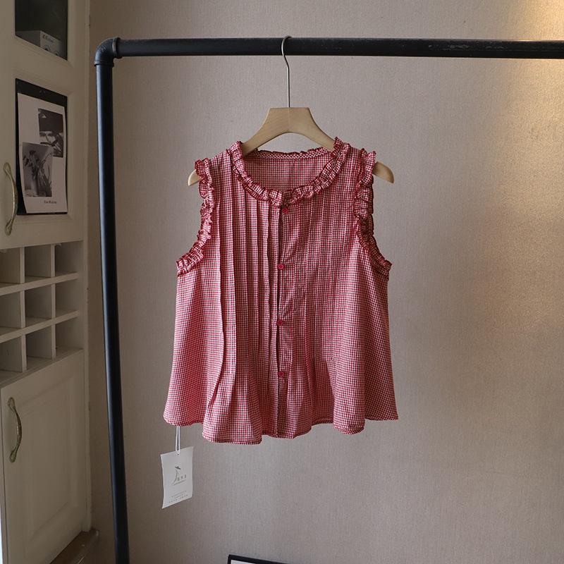 

Летняя корейская клетчатая рубашка без рукавов с оборками и круглым вырезом для женщин, 2025 One Size