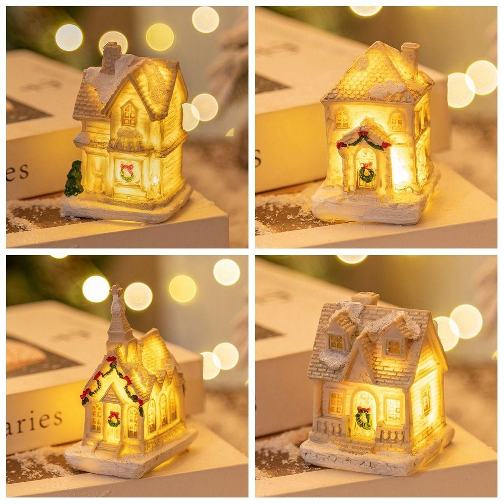 Resin Christmas Glowing Small House Cute Cartoon Table Decorations  New Year Decoration