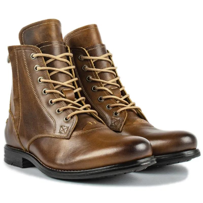 Herren Rutschfeste Motorradstiefel Dicksohlige Ritterstiefel Herren Retro Lederschuhe Outdoor Seitenreißverschluss Trainings-Knöchelstiefel Übergröße
