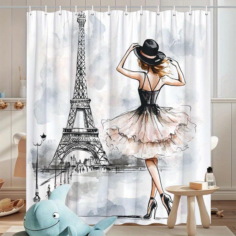 Watercolor Paris Shower Curtain Eiffel Tower Woman Dancing Artistic Style Romantic Decor Waterproof Bath Curtain Home Decor