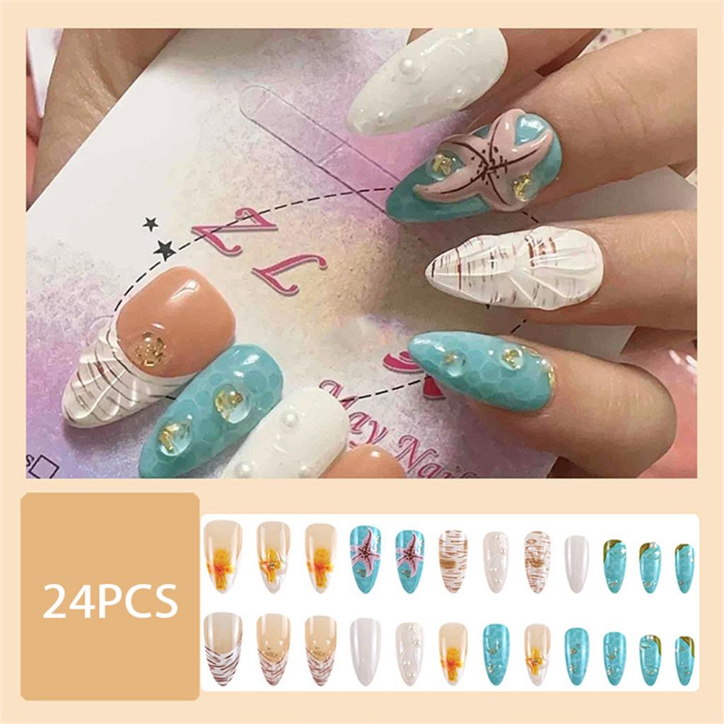 24 Pcs Glossy Fake Nails 3D Ocean Nail Tips with Starfish-Design Lightweight Press On Nails for Daily Party Use