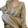 High-end Olive Green Turn-down Collar Cardigan Pajama Set for Women - Autumn Temperament, Long-sleeved Homewear.