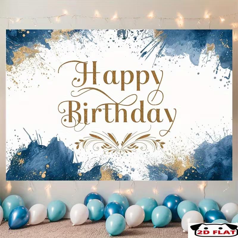 

2D Navy Blue Gold Watercolor Birthday Backdrop Banner Happy Birthday Party Photo Booth Background 47.2x31.5inch/120*80cm