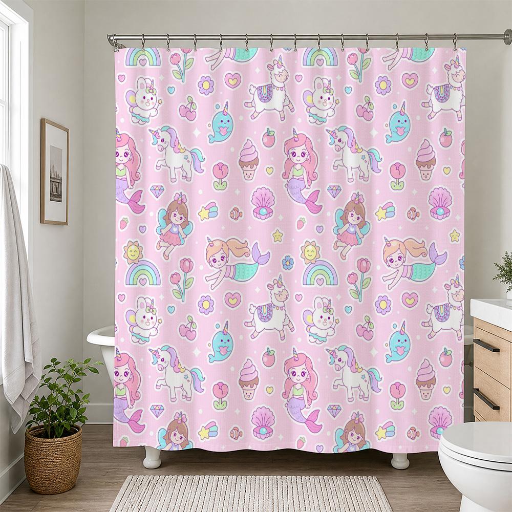 Waterproof Unicorn Mermaid Rainbow Shower Curtain Kids Bathroom Decor Cute Pastel Cartoon Shower Liner