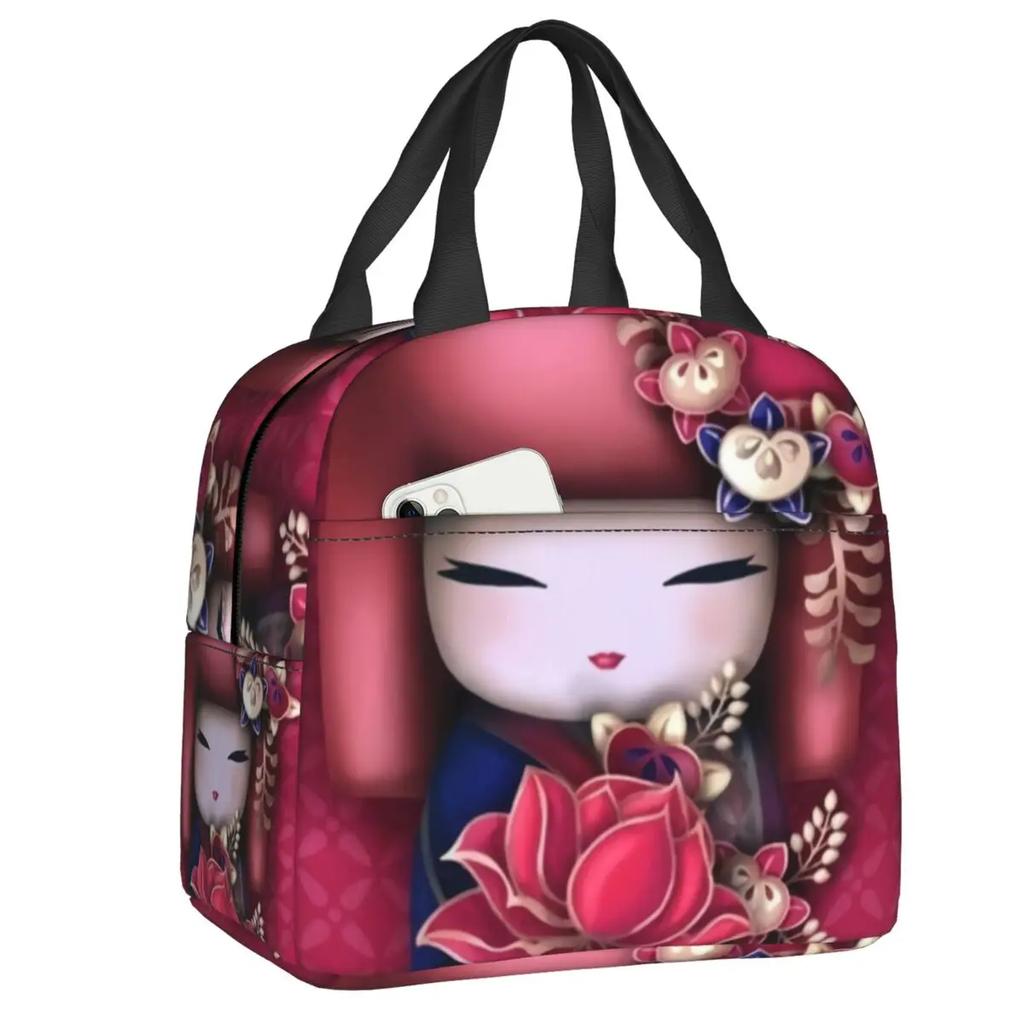 Japanese Spring Kokeshi Doll Insulated Lunch Bags Cute Girly Sakura Cherry Blossom Resuable Thermal Cooler Bento Box