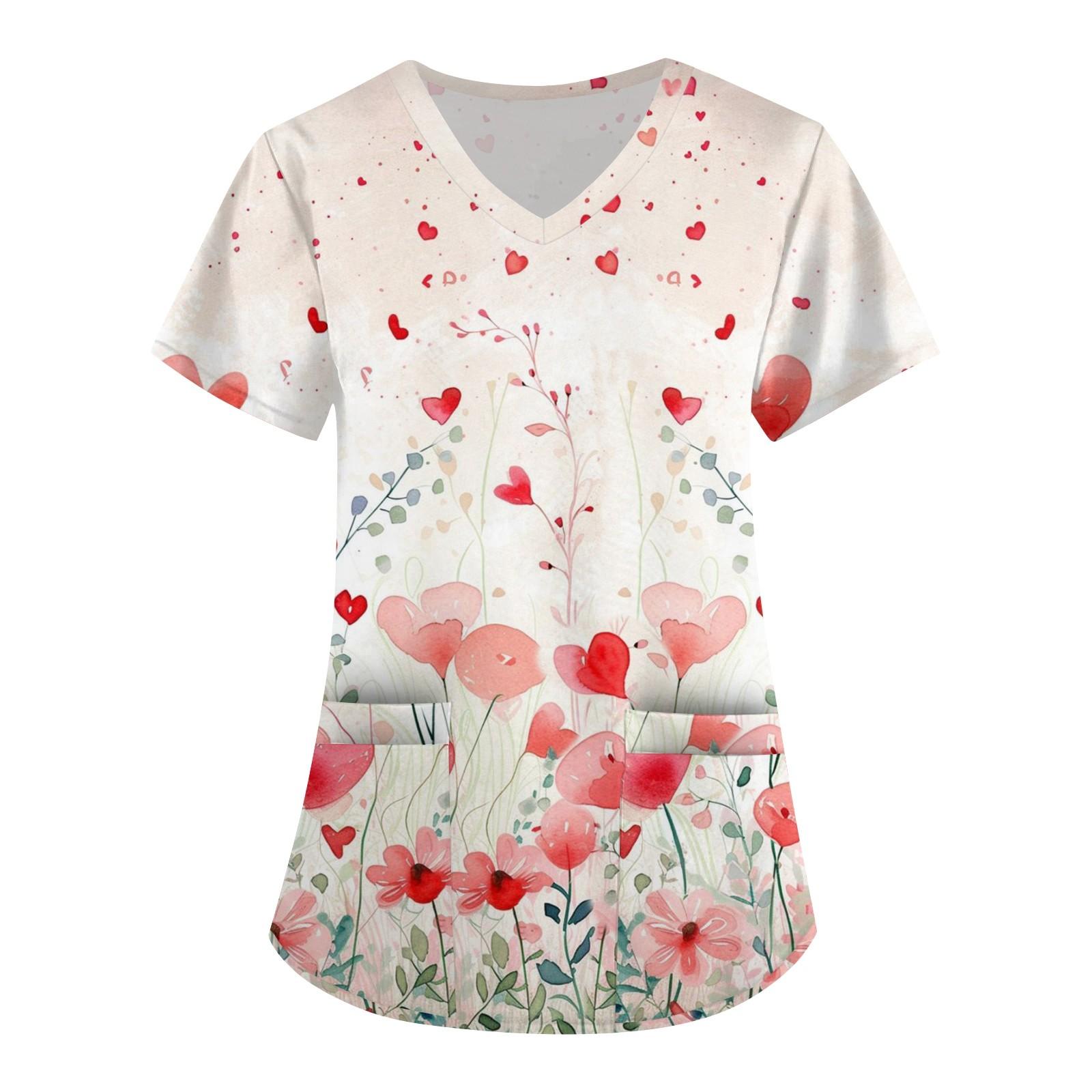 

Женская симпатичная принтованная рабочая одежда с V-образным вырезом, двухслойными карманами, базовым коротким рукавом, пуловером ко Дню святого Валентина L бежевый