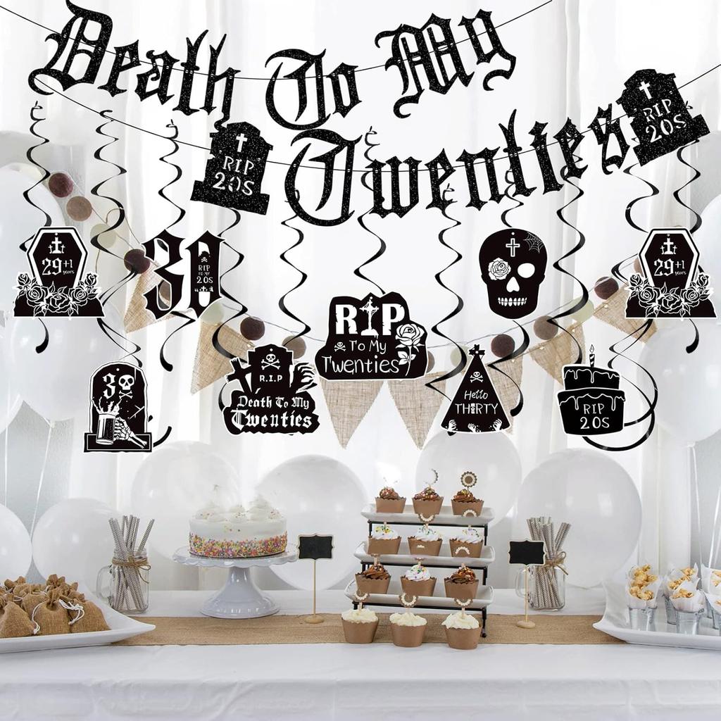 Death To My 20s Decorations - 14pcs Black 30th Birthday Party Decorations Banner Hanging Swirls Rip To My 20s Birthday Decor Party Ceiling Supplies