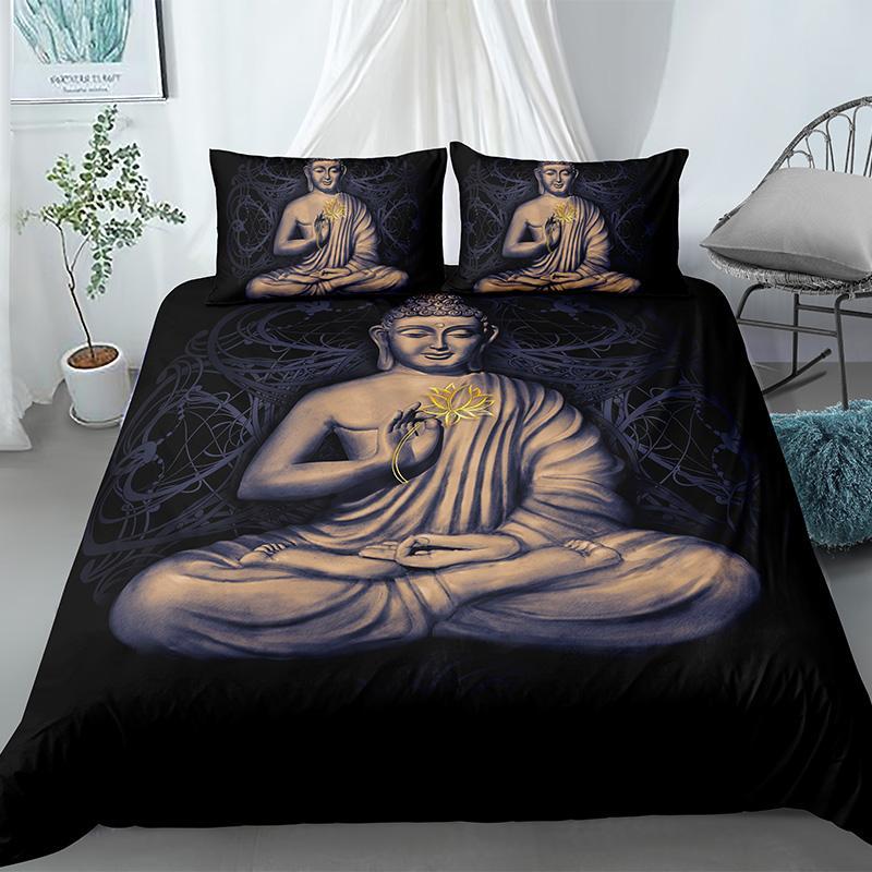 King Size Buddha Duvet Cover Set Exotic Ethnic Bohemian Bedding Golden Buddha Print Microfiber Quilt Cover