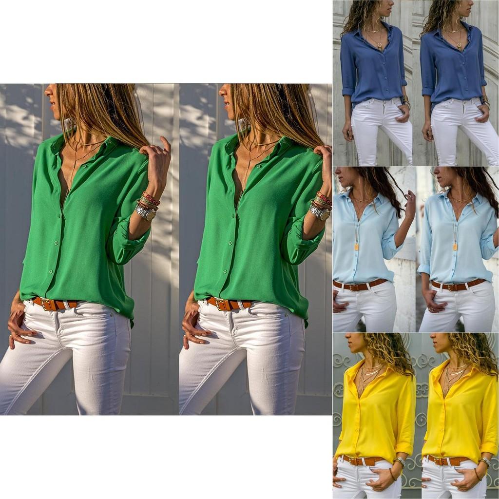 Timeless Solid Color Womens Long Sleeve Office Blouse Dress Shirt