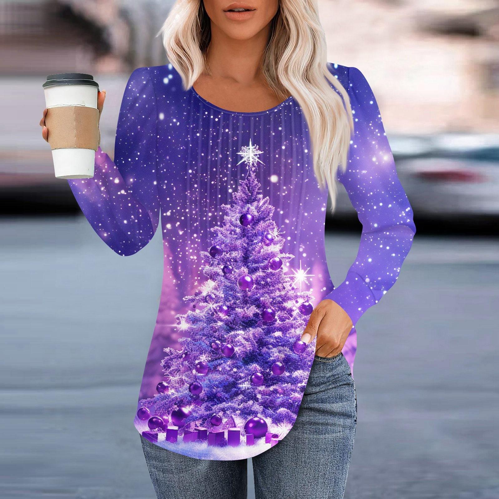 

Женская повседневная и модная принтованная футболка с круглым вырезом и длинными рукавами, плиссированная футболка на Рождество L фиолетовый