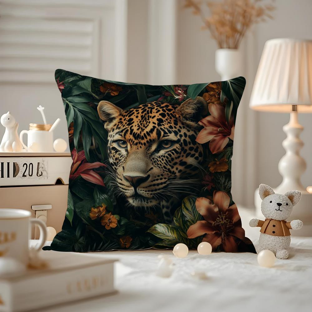 Uropäische Mode Leopard mit Kranz Tiere Porträt Malerei Kissenbezug Hausstaubmilbenabweisender Kissenbezug Verdeckter Reißverschluss Seidiger Shor