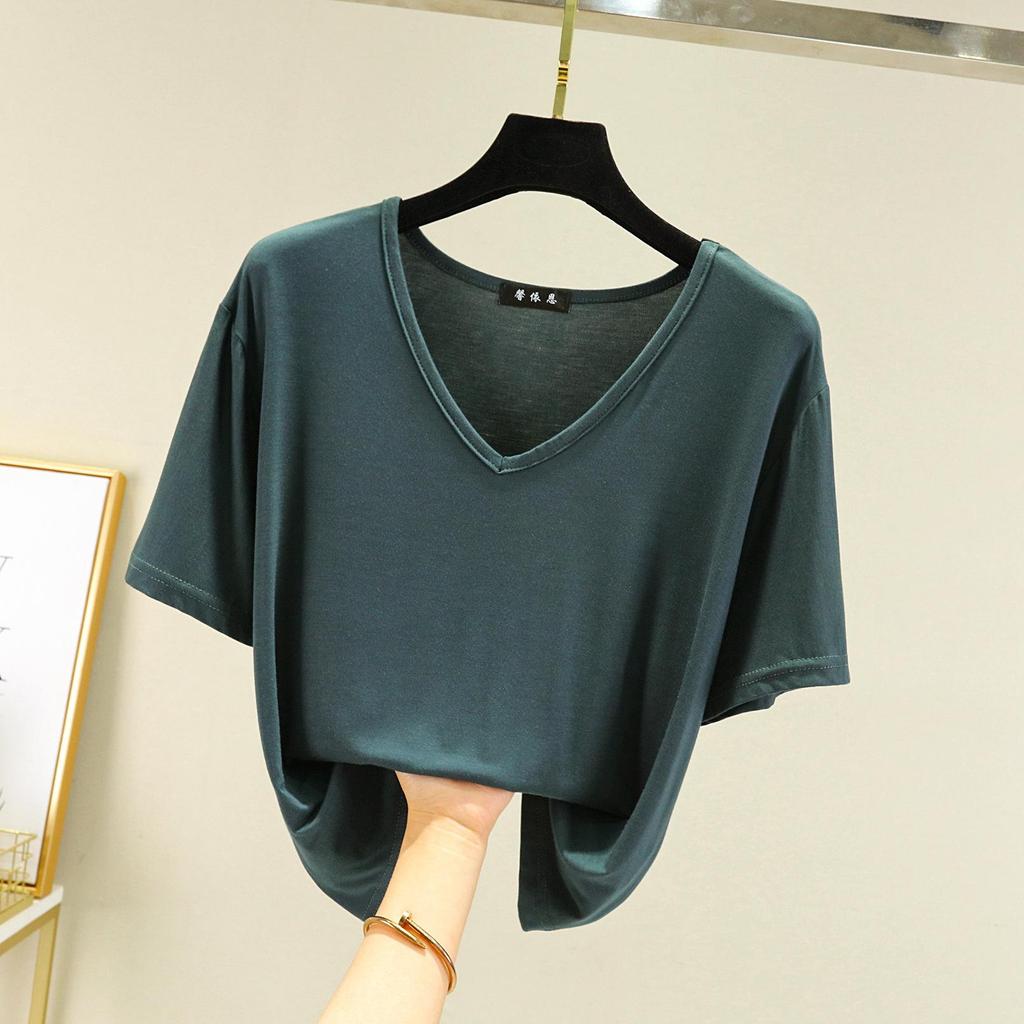 Damen T-Shirt Modal V-Ausschnitt Kurze Ärmel Tops Sommer Lässige T-Shirts Einfarbige Lockere Basic Unterhemden