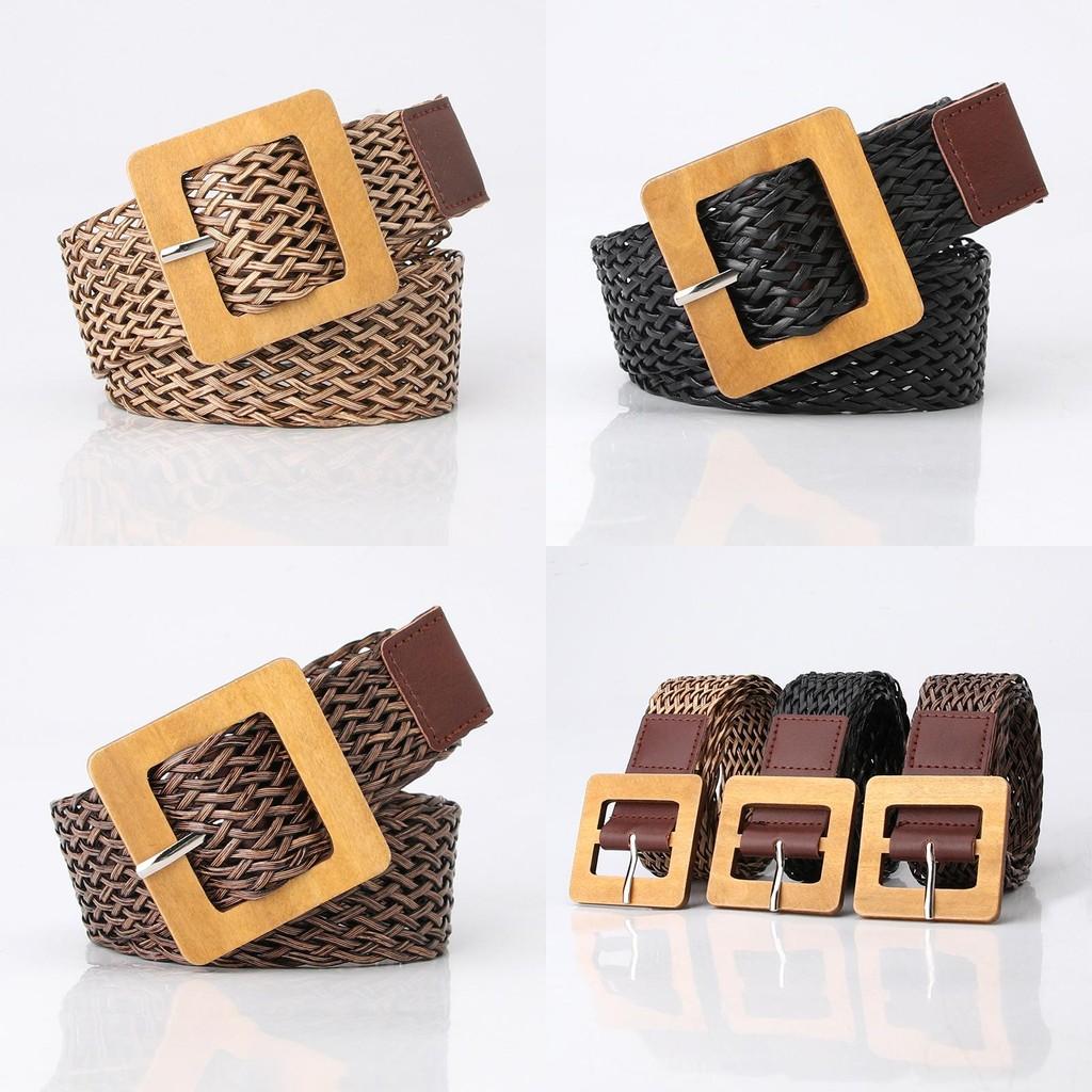 Womens Minimalist Pu Fabric Belt With Wooden Buckle For Chic Office And Casual Looks