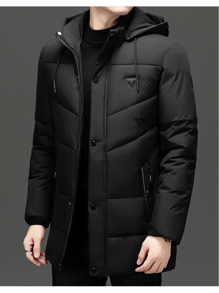 Winter 2025 Men's High Loft Warm Cotton Jacket with Detachable Hood for Middle-Aged and Elderly Business Wear.