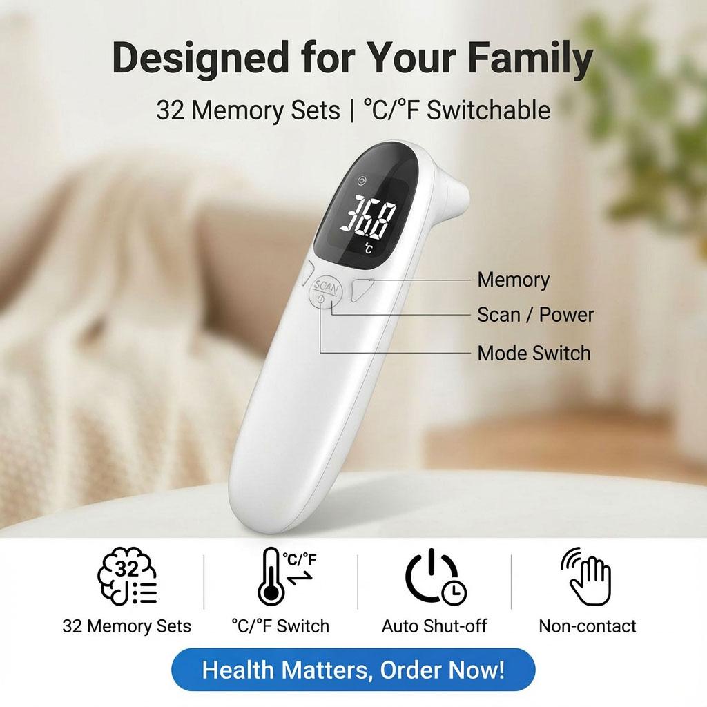 Medical Grade Infrared Thermometer USB Rechargeable Accurate Forehead Ear Temperature Measurement for Home Fever Monitor