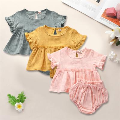 Newborn Infant Baby Girls Summer Ruffled Cotton Linen Solid Tops+Shorts Outfits