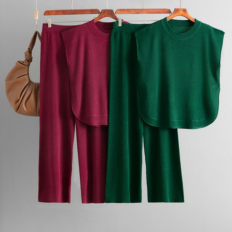 Simple And Fashionable Loose Fitting Sleeveless Knitted Top With Wide Leg Pants Two-piece Set For Women