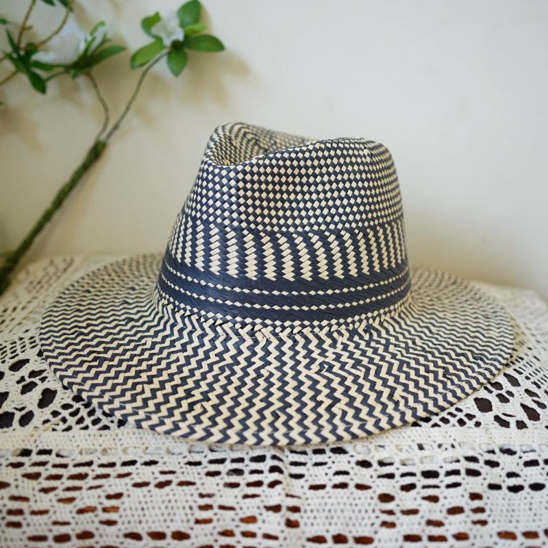 Japanese Retro Blue And Beige Woven Flat-Top Wide-Brimmed Jazz Top Hat For Men And Women Summer Vacation Beach Sun Protection Straw Hat