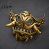 Japanese Mask Hannya Red Half Mask, Wolf Teeth & Embossed Cloud Details, Breathable Lightweight Auspicious Pattern Samurai Demon for Halloween Cosplay