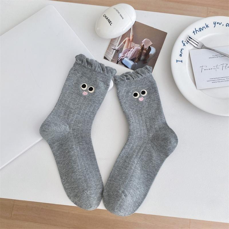 Female Spring Cotton Cute Cartoon Eyes Embroidered Bubble Mouth Tube Socks