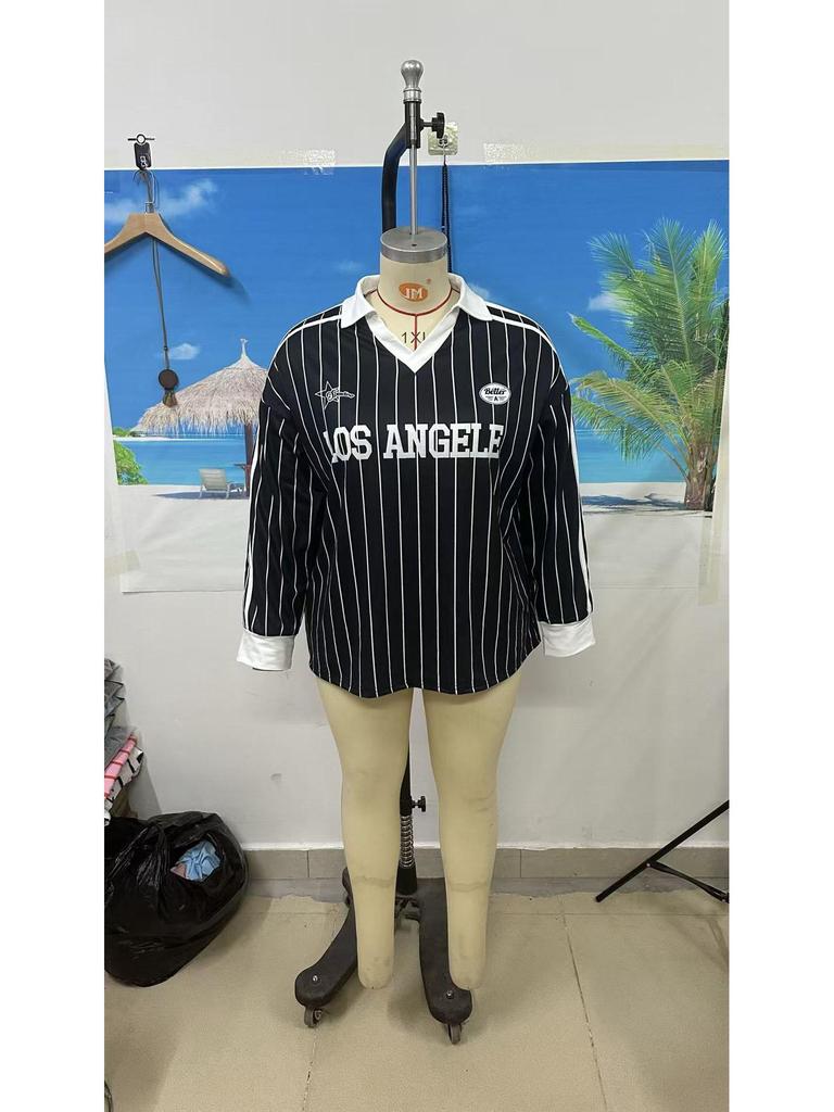 New Retro Striped V-Neck Loose Hoodie with Letter Print