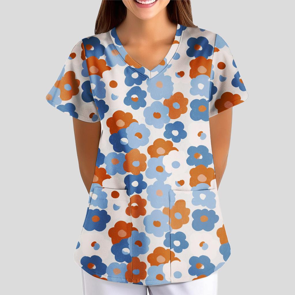 Women's Floral Print Loose V-neck Short-sleeved Uniform/ Uniform