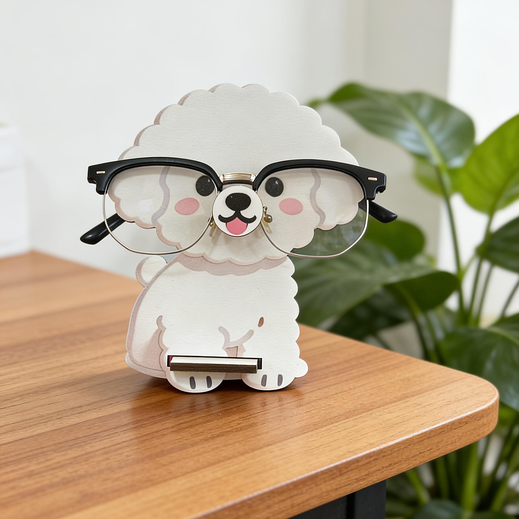 Cute Cartoon Dog Desktop Glasses Storage Stand, 3D Hand-Carved Wooden Tabletop Eyeglasses Display Holder