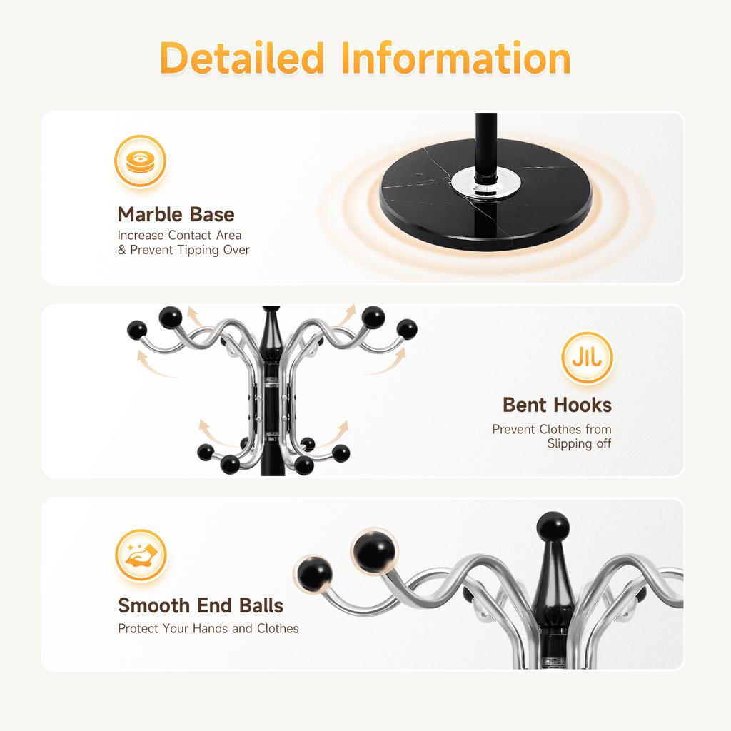 17-Hook Hat Rack Organizer Stand, Sturdy Metal Coat Stand with 360° Rotating Head & Marble Base, for Hat Scarf Bag Clothes