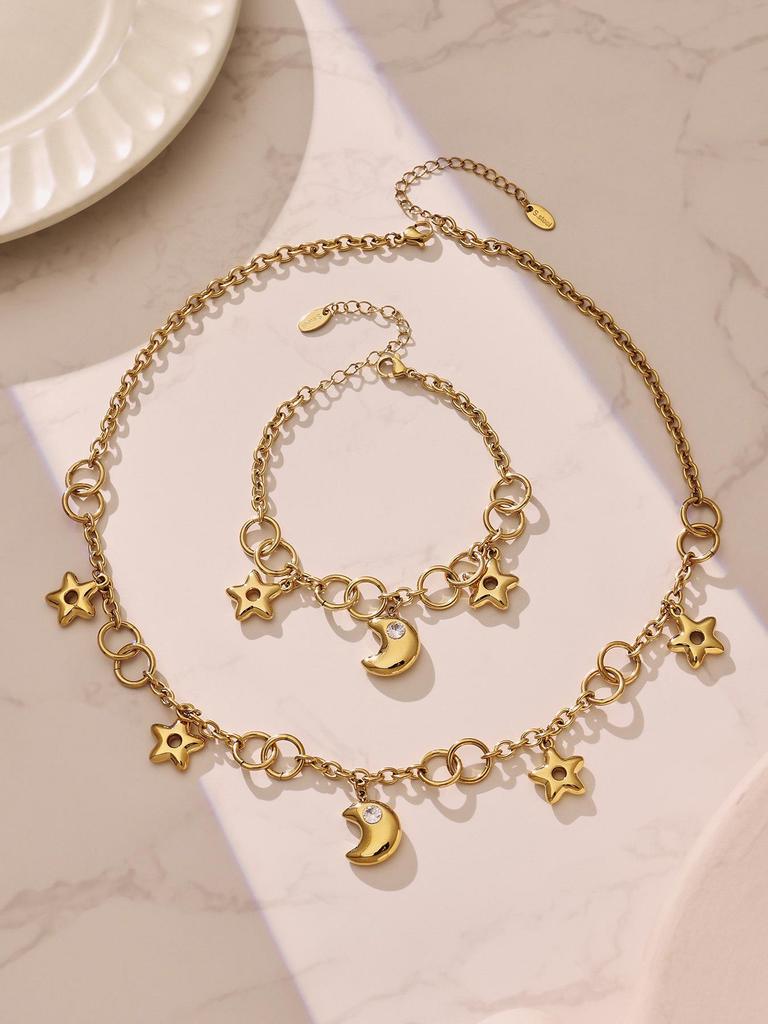 Exquisite Fairy Star & Moon Pendant Necklace Bracelet, Two-Color Electroplated Stainless Steel Clavicle Chain