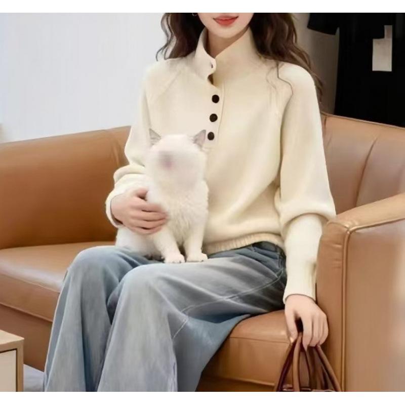 Sweater Women's Turtleneck Button Knitted Sweater Lazy Wind Loose Pullover Sweater Age Reduction Top