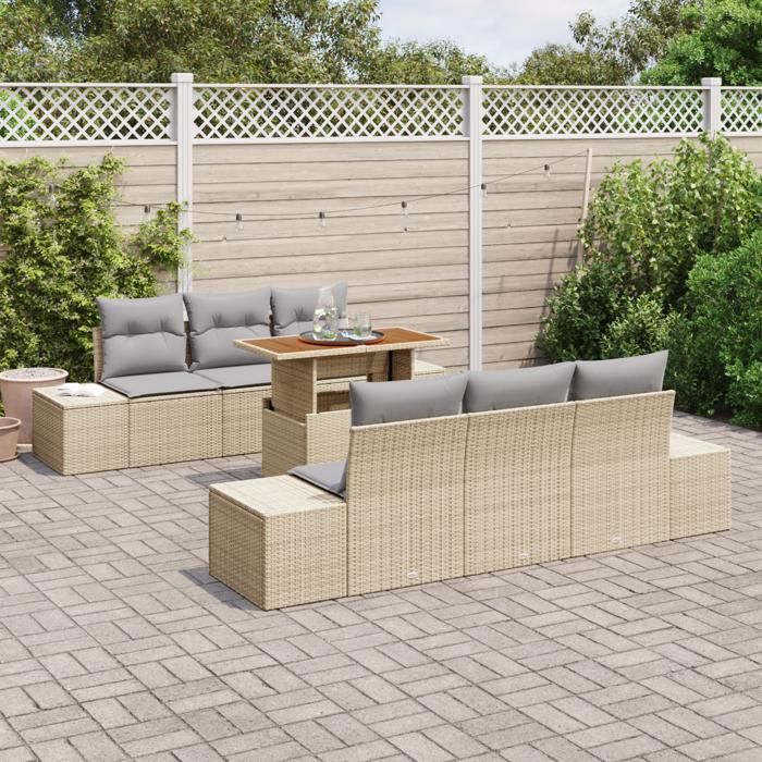 VidaXL Ensemble de salle à manger de jardin de 7 pièces avec coussins en beige en poly rattan et acacia 3349909