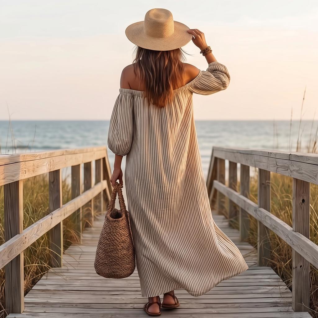 Off Shoulder Long Sleeve Loose Fit Striped Maxi Dress for Women Casual Bohemian Style Lightweight Fabric