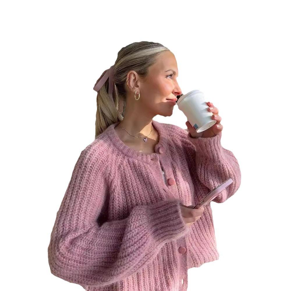 Herbst und Winter Neu Lockerer und Lässiger Stil Einfarbiger Langarm-Cardigan-Pullover für Damen