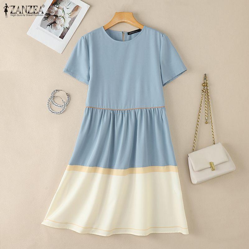 ZANZEA Women Casual Round Neck Loose Short Sleeve Patchwork Dress