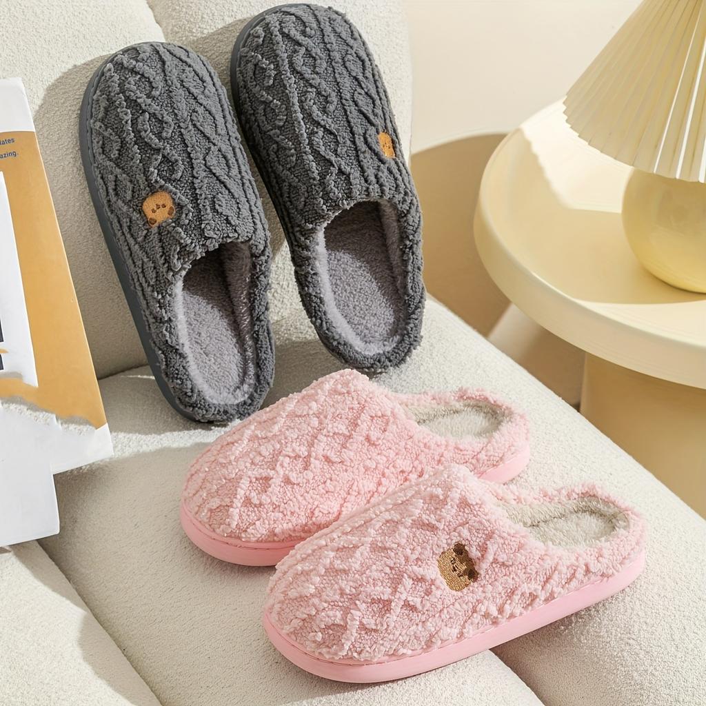 Cozy Slip-On Slippers with Cute Bear Print - Soft Fabric, Warm Winter Slippers for Home, Casual Style, TPR Sole, All-Season Comfort